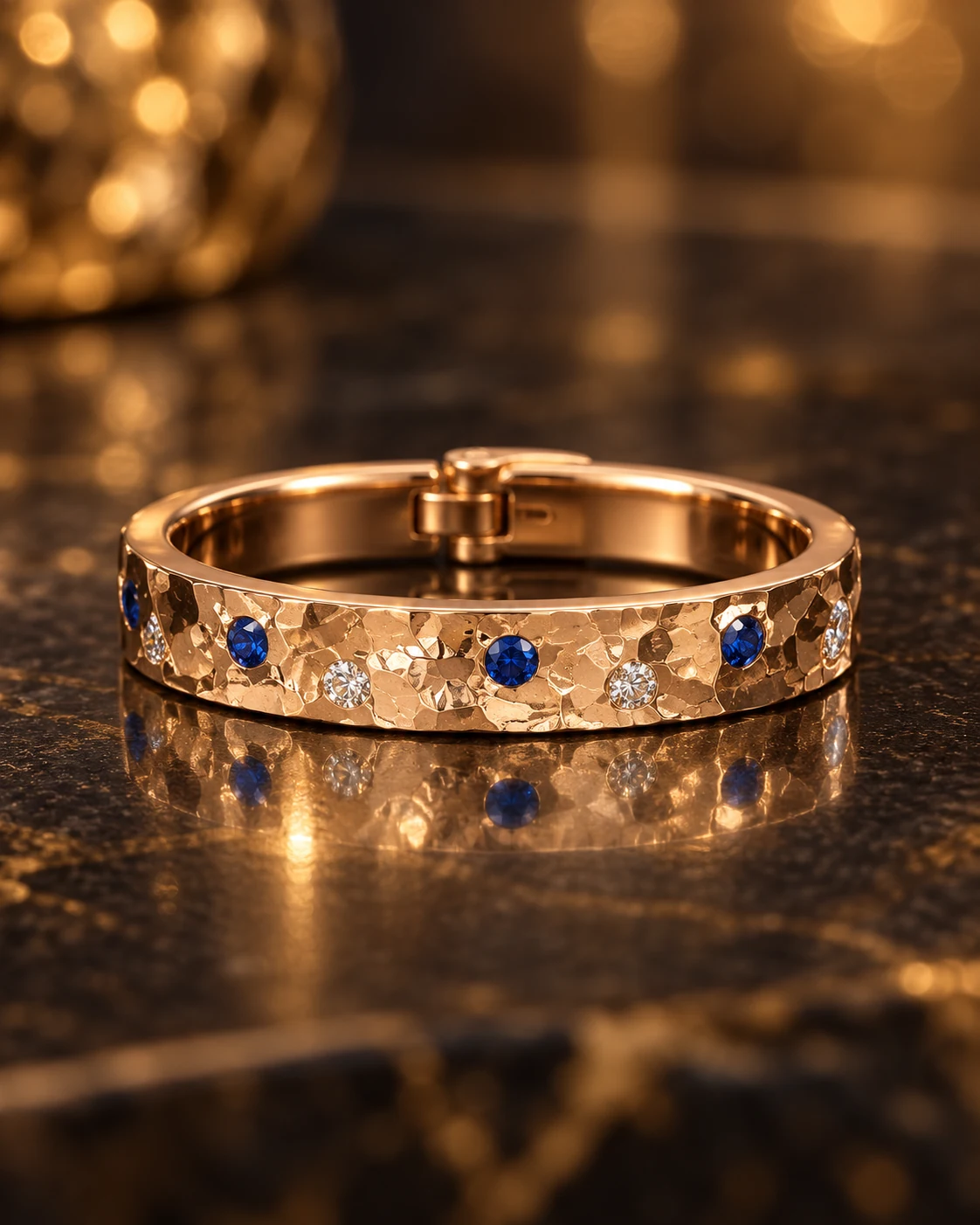 The finished hammered gold thumb ring set with blue sapphires and clear stones, resting on dark stone