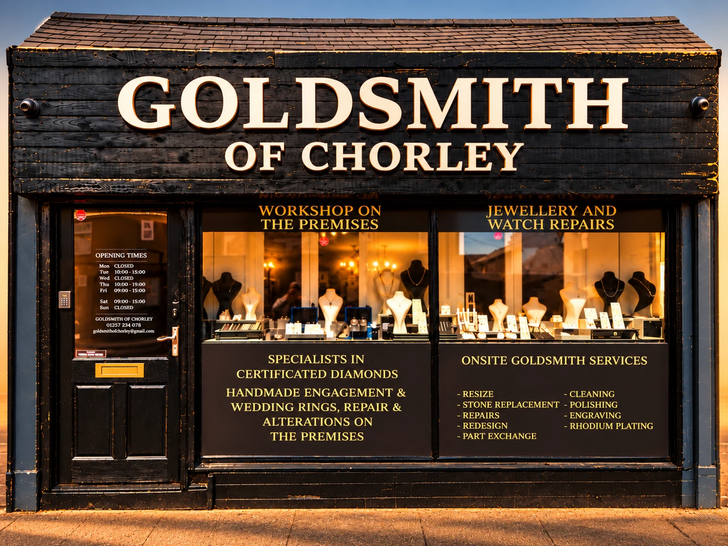 The Goldsmith of Chorley shopfront on Pall Mall, with gold signage and jewellery displays