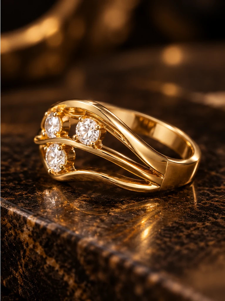 Side angle showing the layered gold bands and three-stone setting of Kathryn's bespoke ring