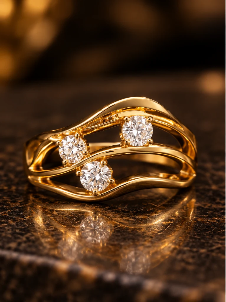 Kathryn's finished bespoke gold wave ring with three bright stones, front view