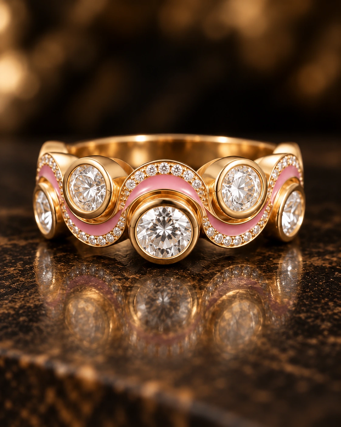 Gold and diamond ring with pink detailing photographed on dark stone