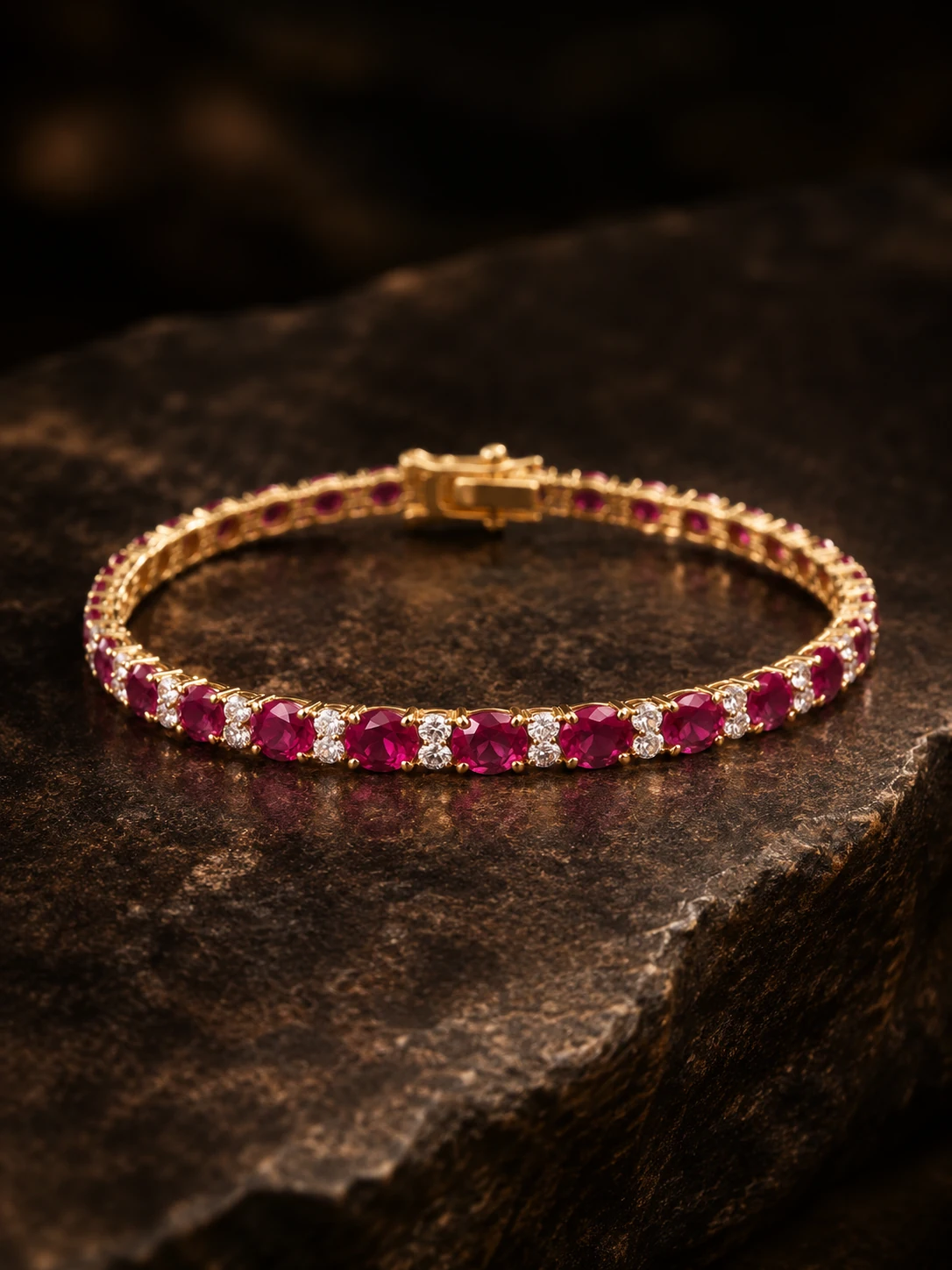 Gold bracelet with ruby-red stones and small clear stones