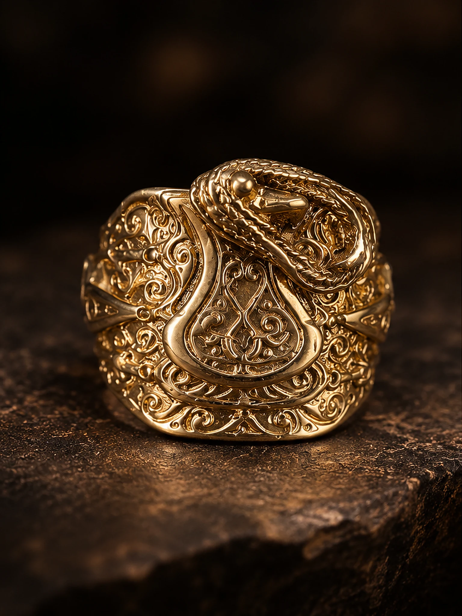 An intricately engraved gold saddle ring, front angle