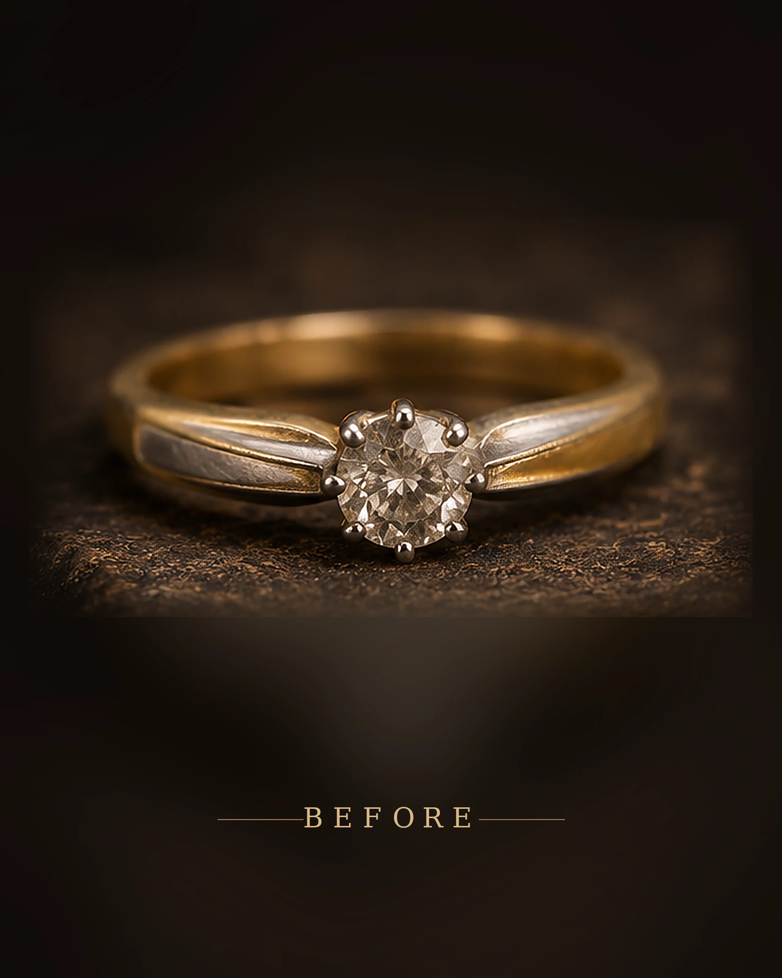 Gold solitaire ring, before photograph supplied by Goldsmith of Chorley